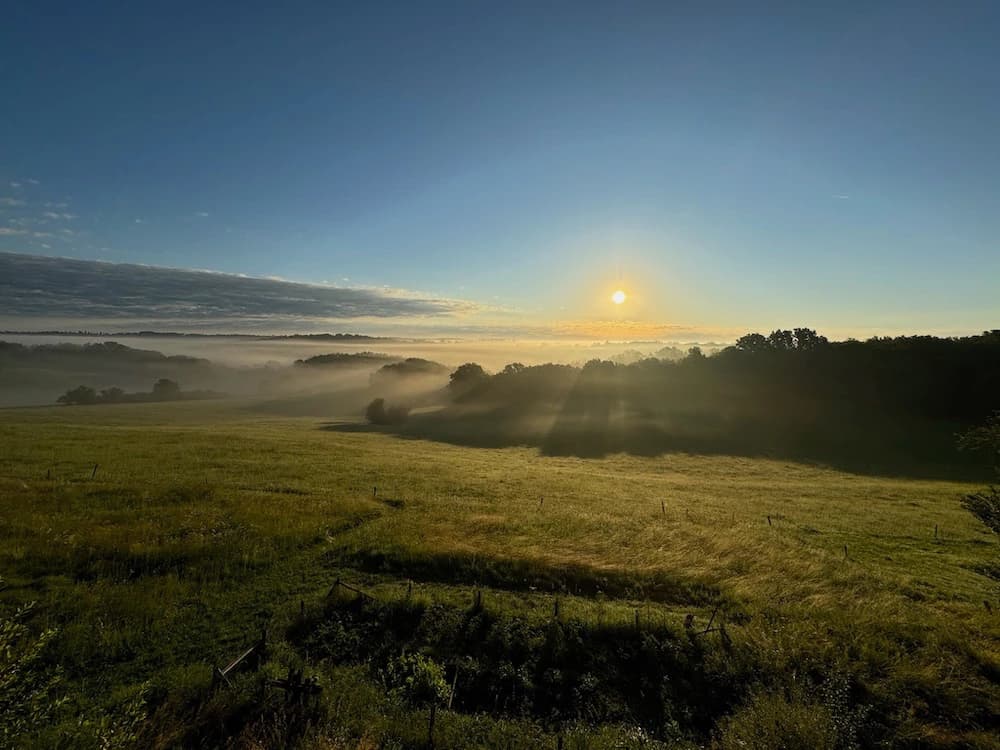 Matin brumeux, panorama large sur la vallée